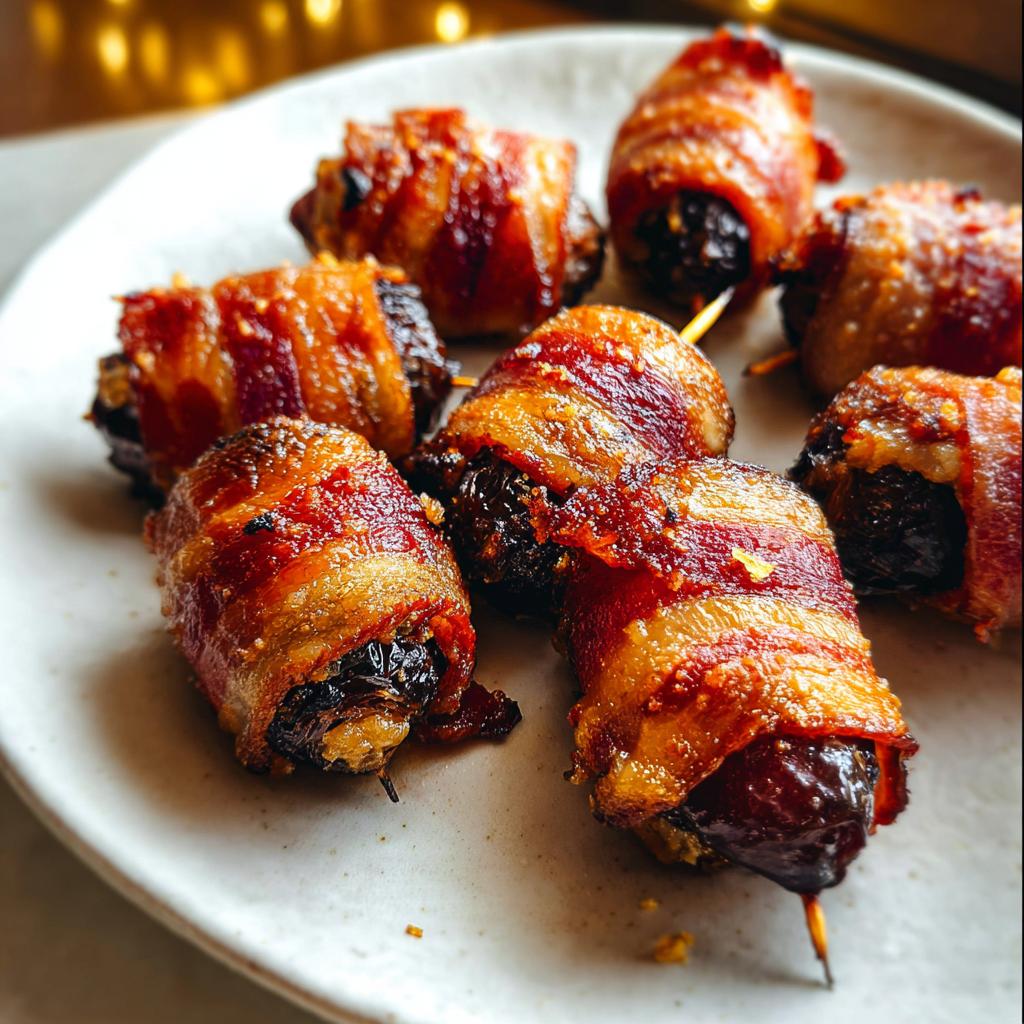 Close-up of several perfectly cooked Bacon-Wrapped Dates appetizer skewers on a light plate.