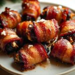 A plate of glistening, perfectly cooked Bacon-Wrapped Dates sprinkled with flaky salt.