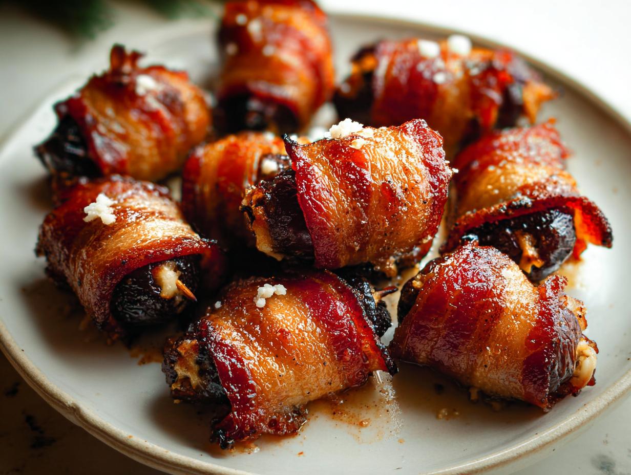 A plate of glistening, perfectly cooked Bacon-Wrapped Dates sprinkled with flaky salt.