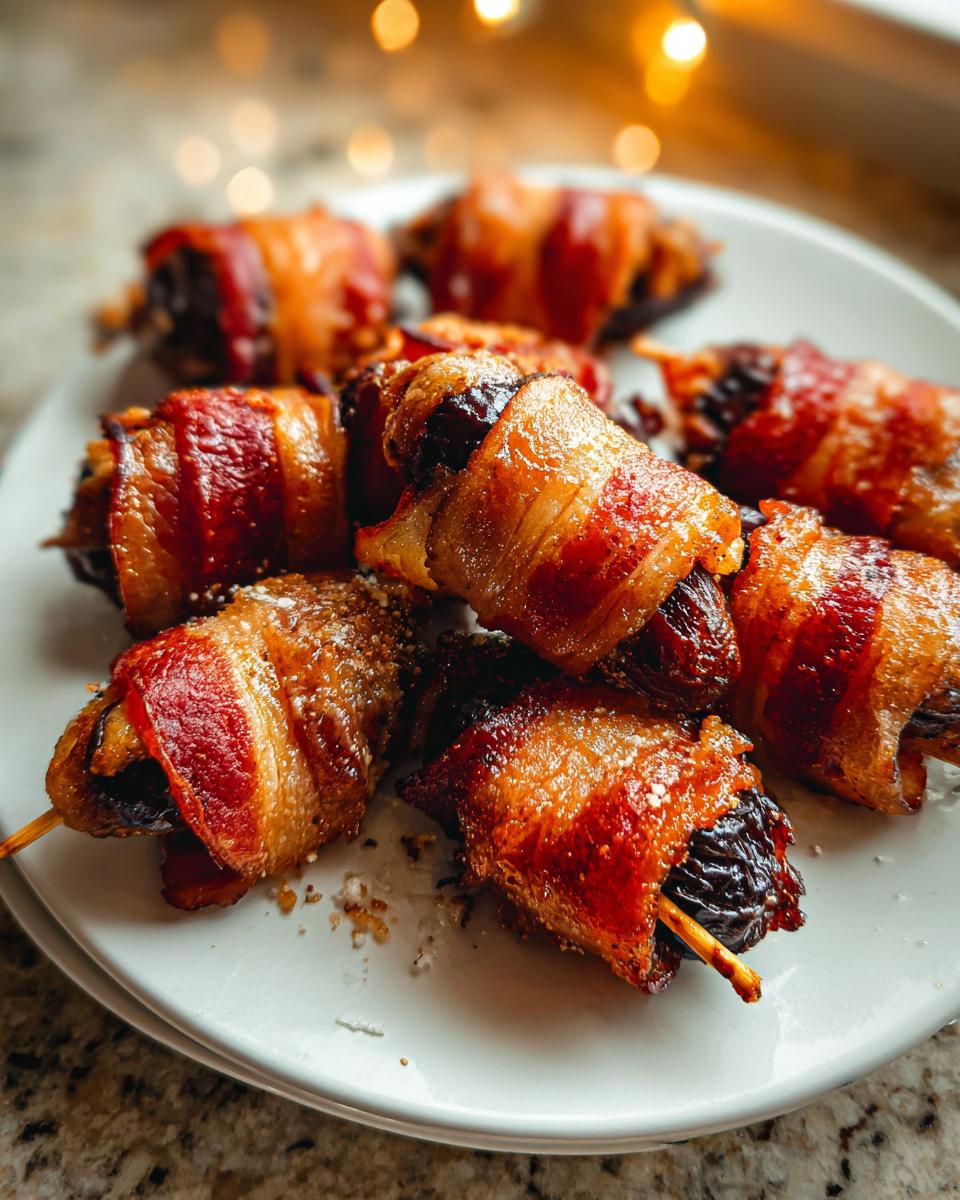 Close-up of several crispy, glazed Bacon-Wrapped Dates served on a white plate with bokeh lights in the background.