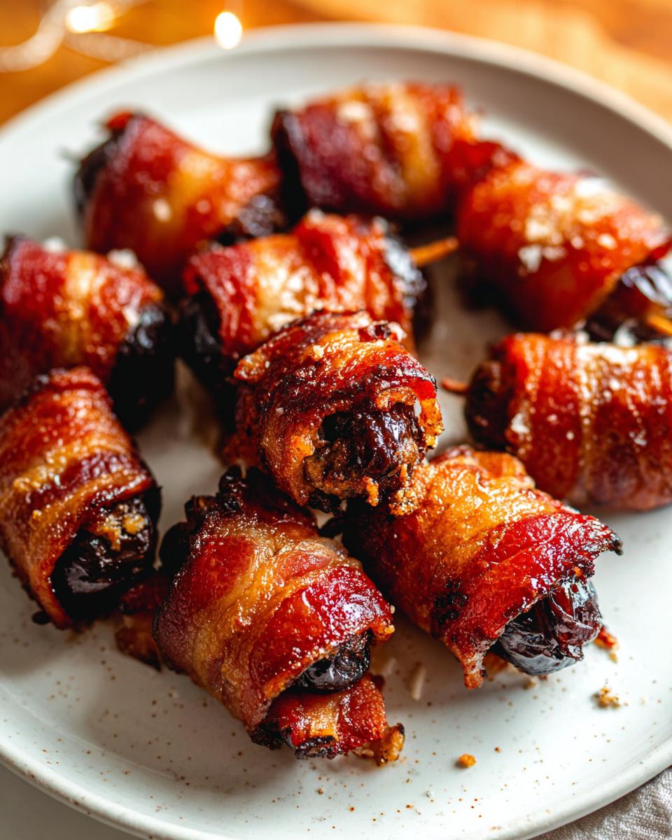A close-up of several crispy, caramelized Bacon-Wrapped Dates sprinkled with coarse salt on a light plate.
