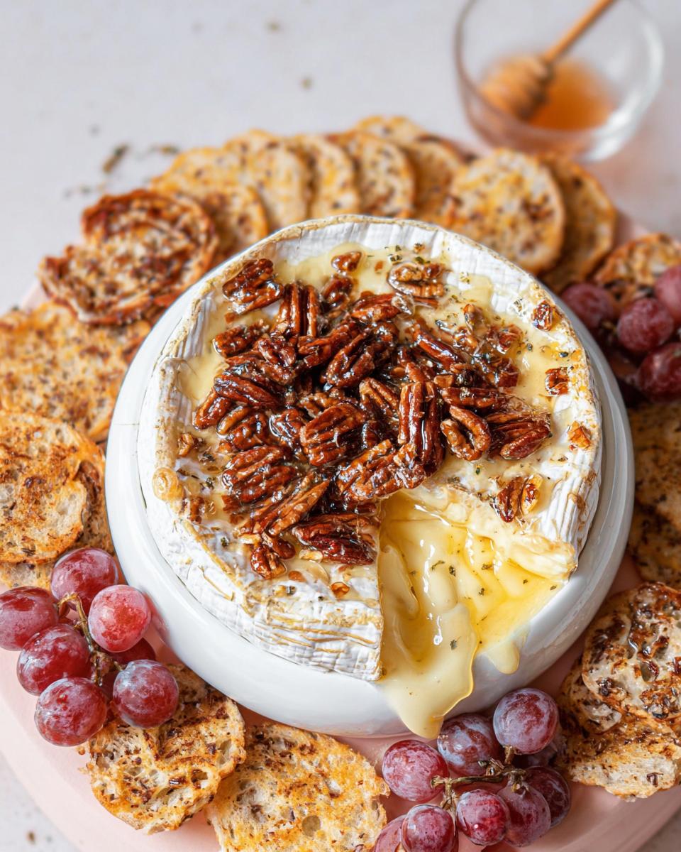 Close-up of melted Baked Brie with Honey and Pecans, oozing out, served with crackers and grapes.