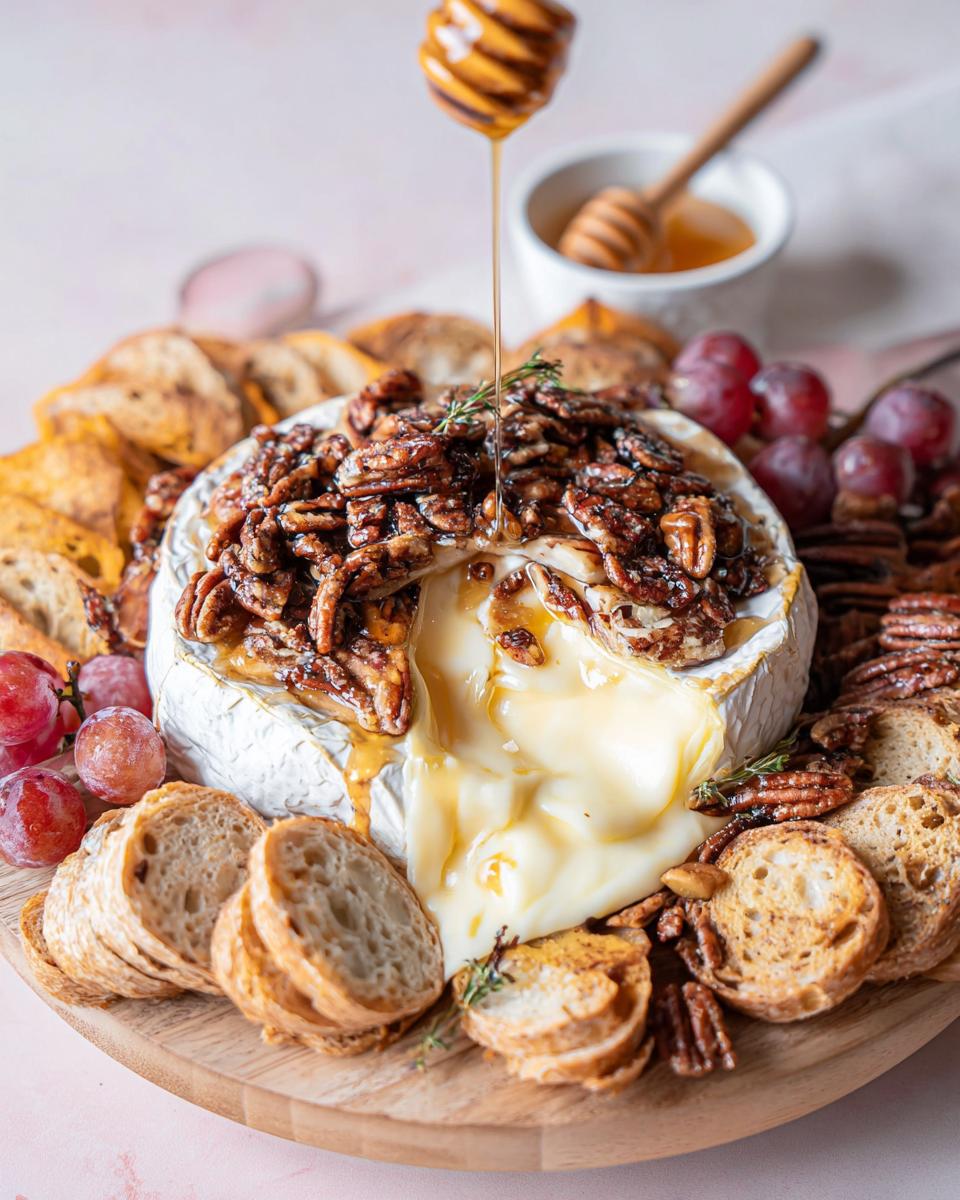 A wheel of Baked Brie with Honey and Pecans oozing melted cheese, topped with candied pecans and drizzled with honey.