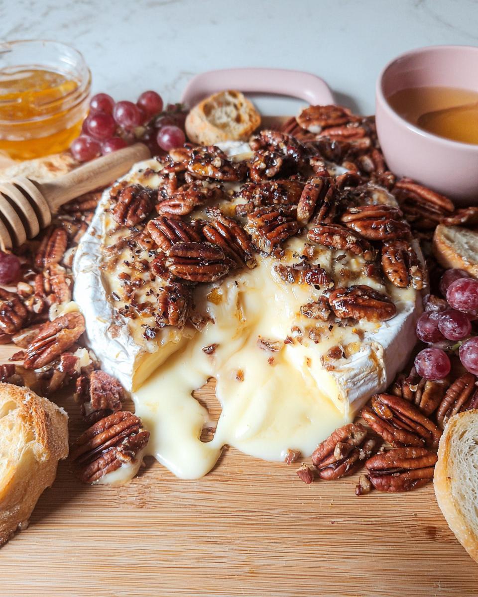 Close-up of melted Baked Brie with Honey and Pecans oozing out, surrounded by pecans, grapes, and baguette slices.