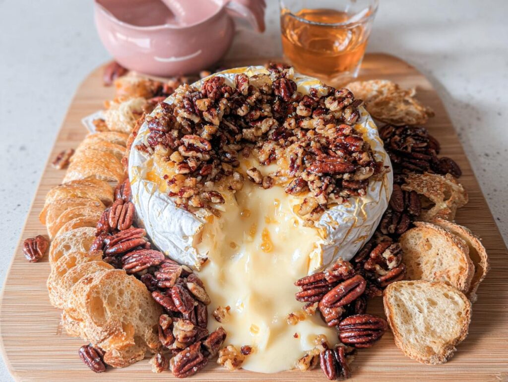 A wheel of Baked Brie with Honey and Pecans, melted and oozing, served with toasted bread slices on a wooden board.