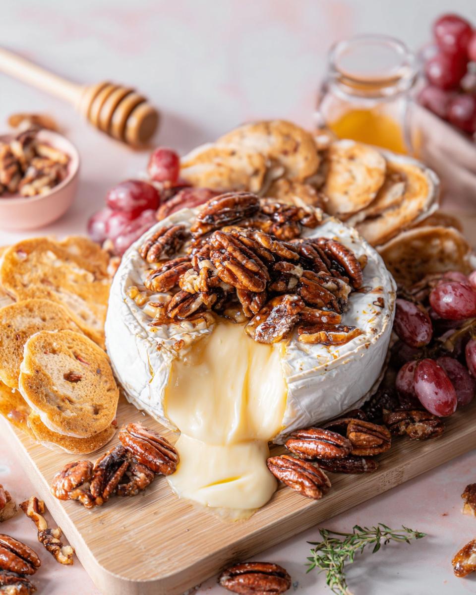 Melted Baked Brie with Honey and Pecans oozing out, served with crackers and grapes.