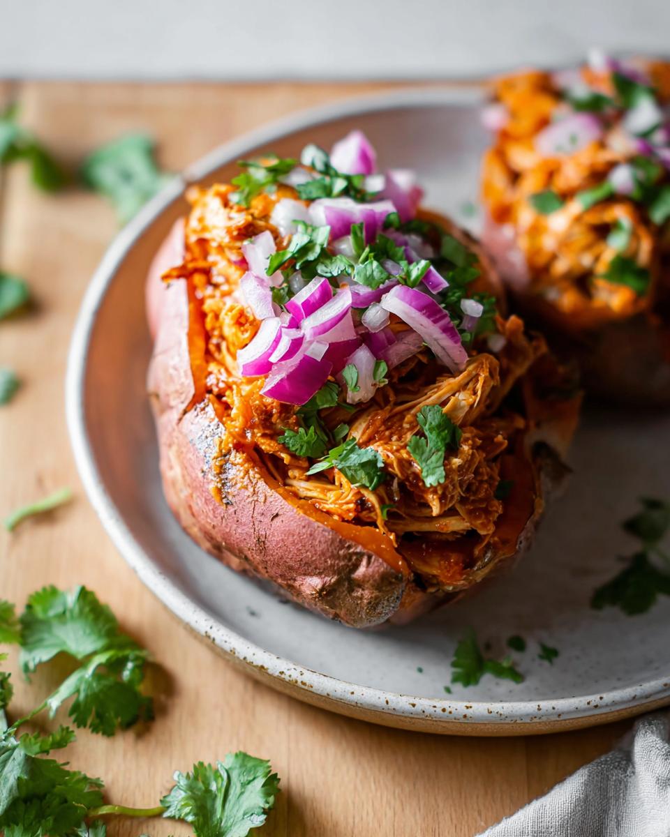 A close-up of a baked sweet potato stuffed with shredded chicken and topped with red onions and cilantro.