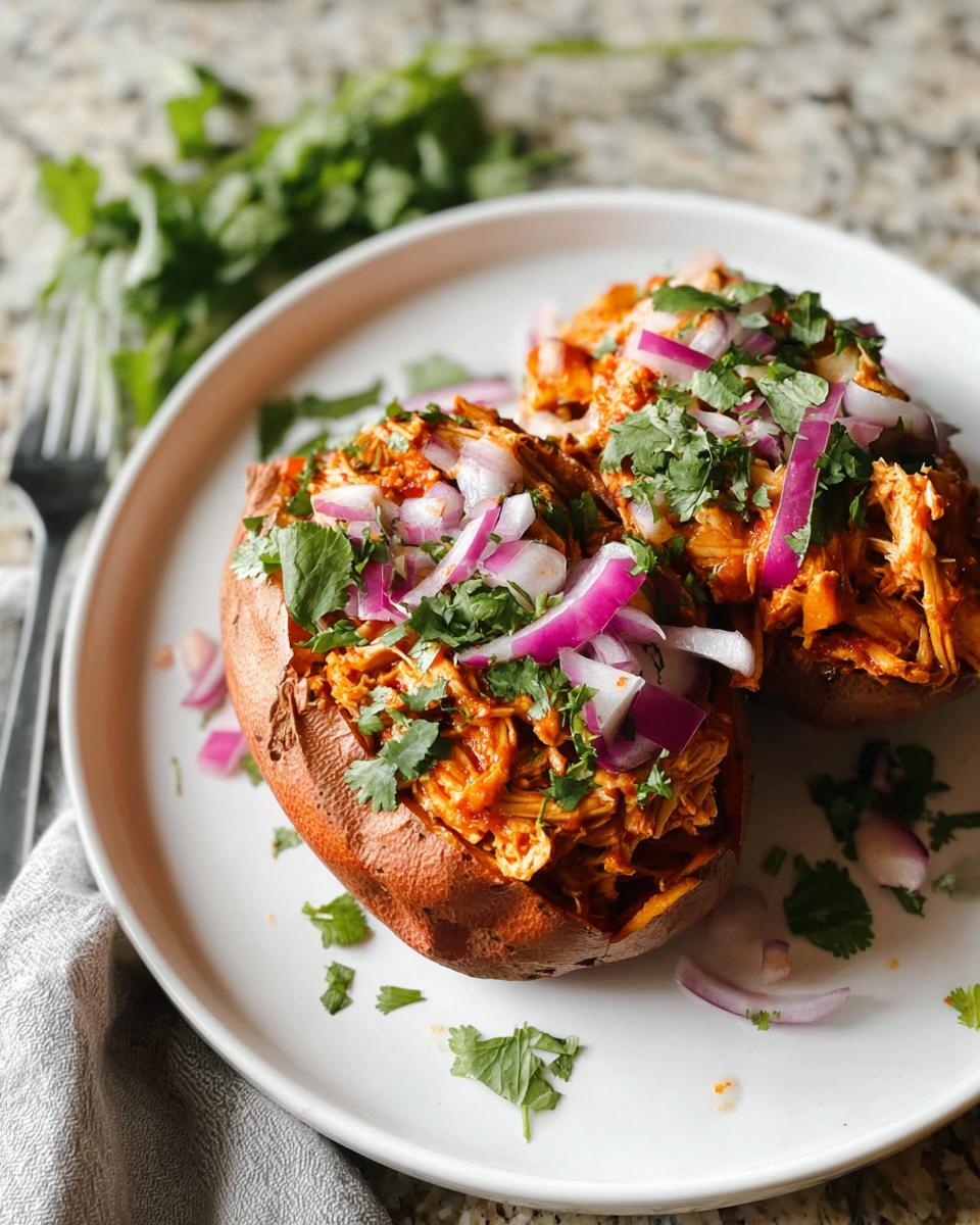 Two baked chicken stuffed sweet potatoes topped with shredded chicken, red onion, and cilantro.