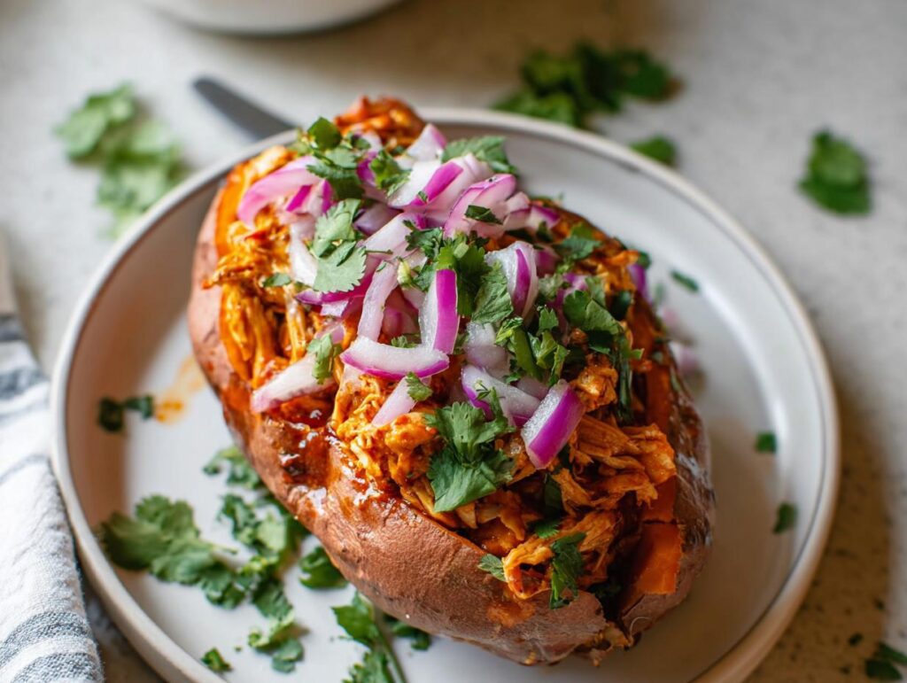 A baked chicken with sweet potatoes dish, topped with shredded chicken, red onions, and cilantro.