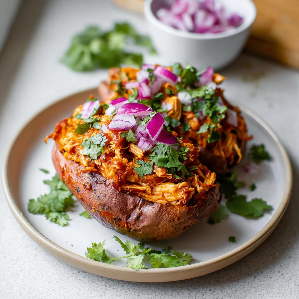 Two baked chicken with sweet potatoes halves, generously filled with shredded chicken and topped with chopped red onion and cilantro.