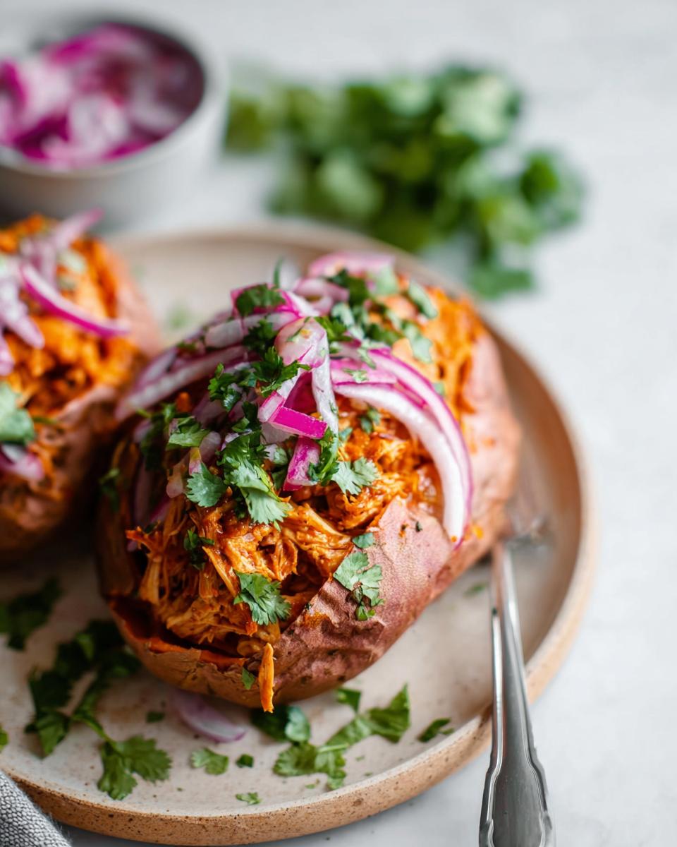 Close-up of baked chicken with sweet potatoes, topped with shredded chicken, red onion slices, and fresh cilantro.
