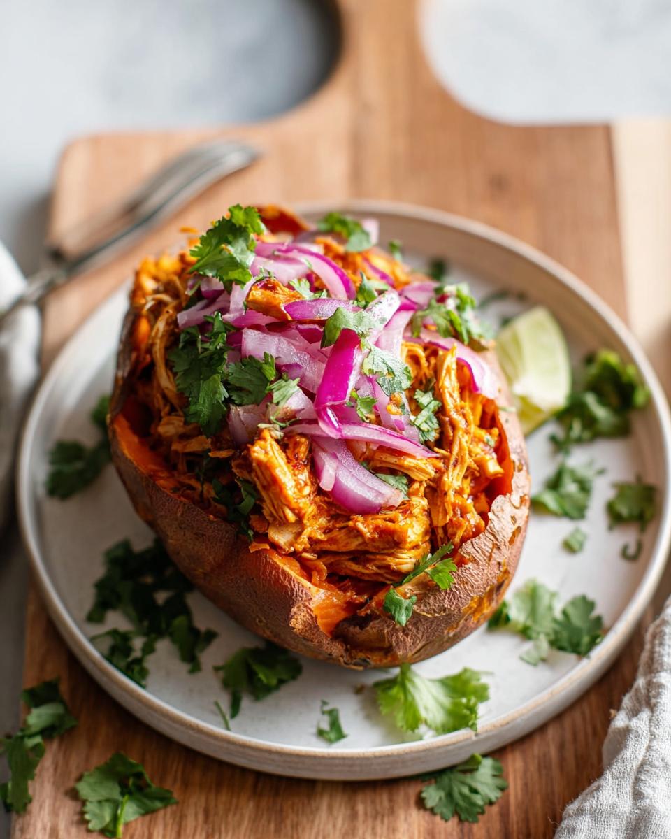 A baked chicken with sweet potatoes dish, generously filled with shredded chicken and topped with red onions and cilantro.