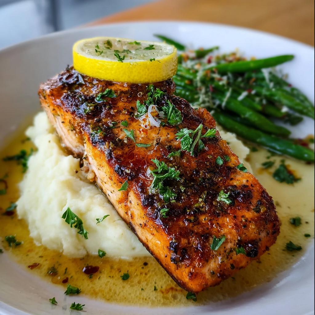 A close-up of a glazed Baked Lemon Garlic Salmon fillet served over mashed potatoes with green beans.