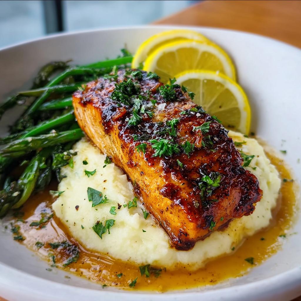 A perfectly cooked Baked Lemon Garlic Salmon fillet served over creamy mashed potatoes with asparagus and lemon slices.