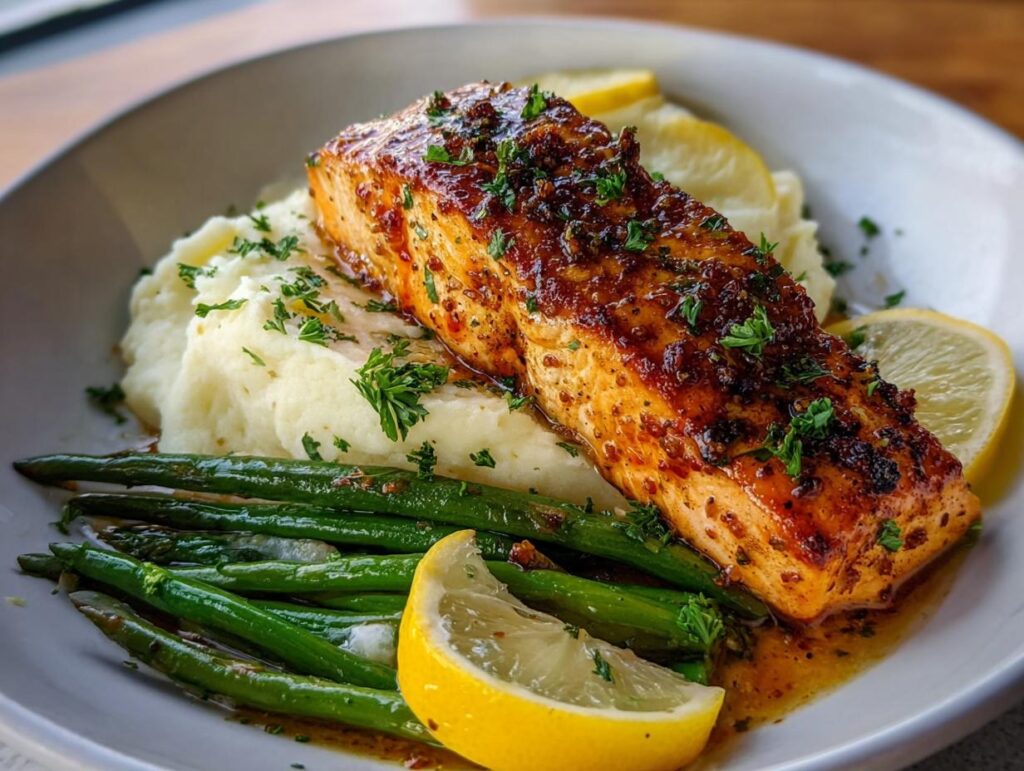 A perfectly cooked Baked Lemon Garlic Salmon fillet served over creamy mashed potatoes with green beans and lemon slices.