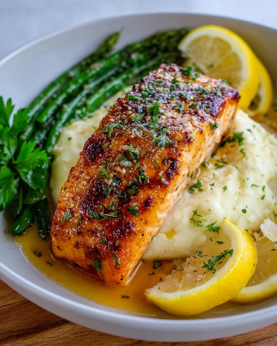 A perfectly cooked Baked Lemon Garlic Salmon fillet served with mashed potatoes, asparagus, and lemon slices.