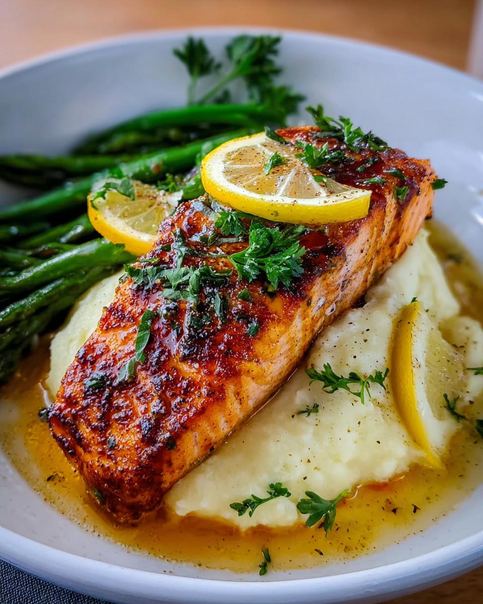 A perfectly cooked Baked Lemon Garlic Salmon fillet served over mashed potatoes with asparagus and lemon slices.