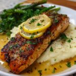 A beautifully cooked fillet of Baked Lemon Garlic Salmon served over mashed potatoes with a lemon butter sauce and green vegetables.