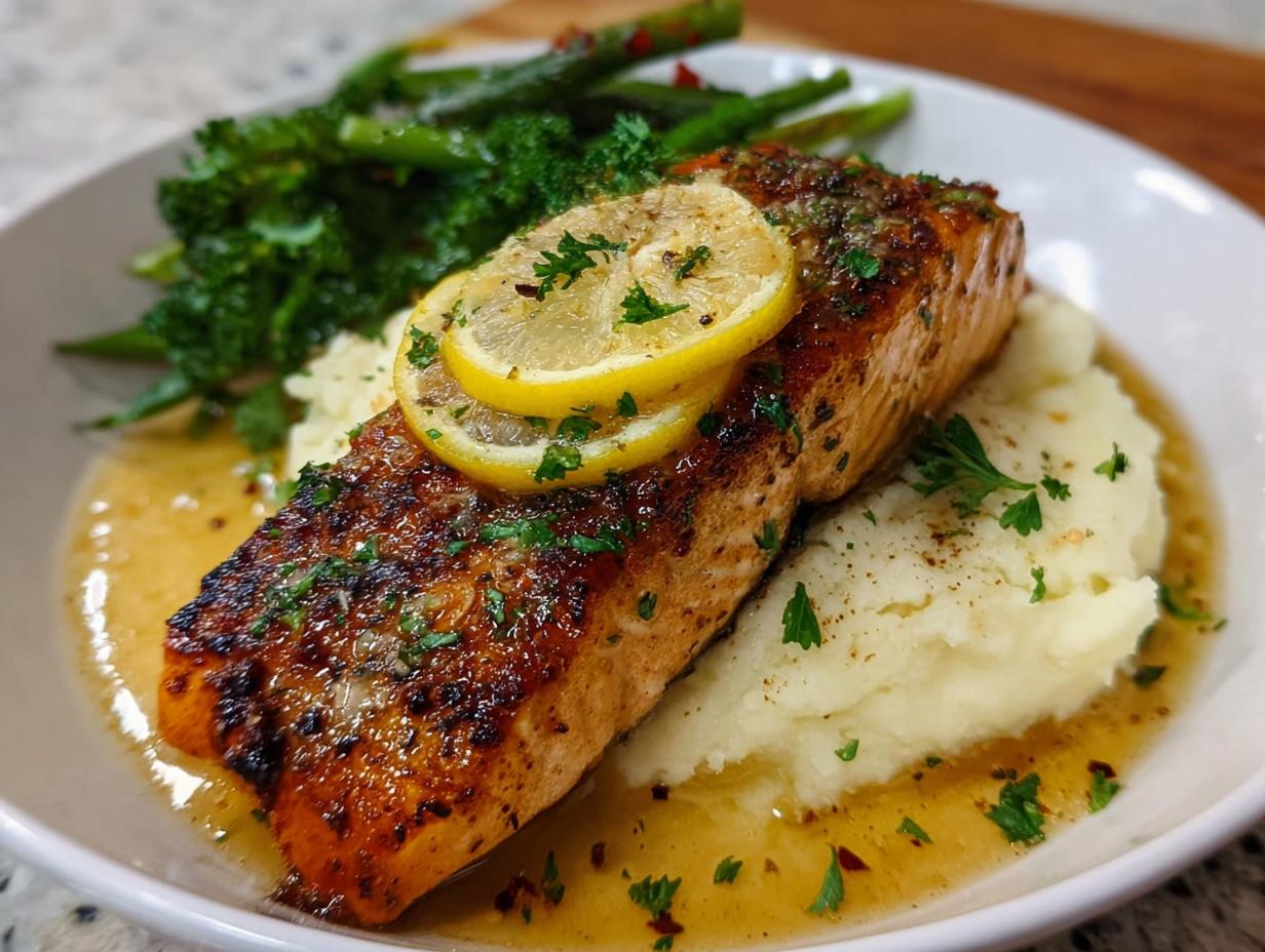 A beautifully cooked fillet of Baked Lemon Garlic Salmon served over mashed potatoes with a lemon butter sauce and green vegetables.