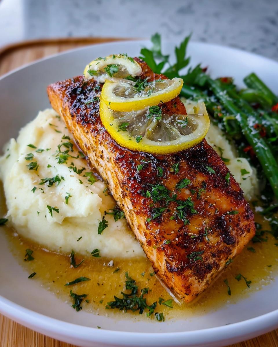 A beautifully seared fillet of Baked Lemon Garlic Salmon served over mashed potatoes with green beans.