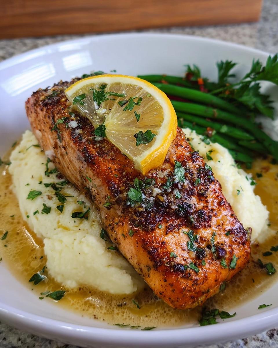 A perfectly cooked fillet of Baked Lemon Garlic Salmon served over mashed potatoes with green beans.