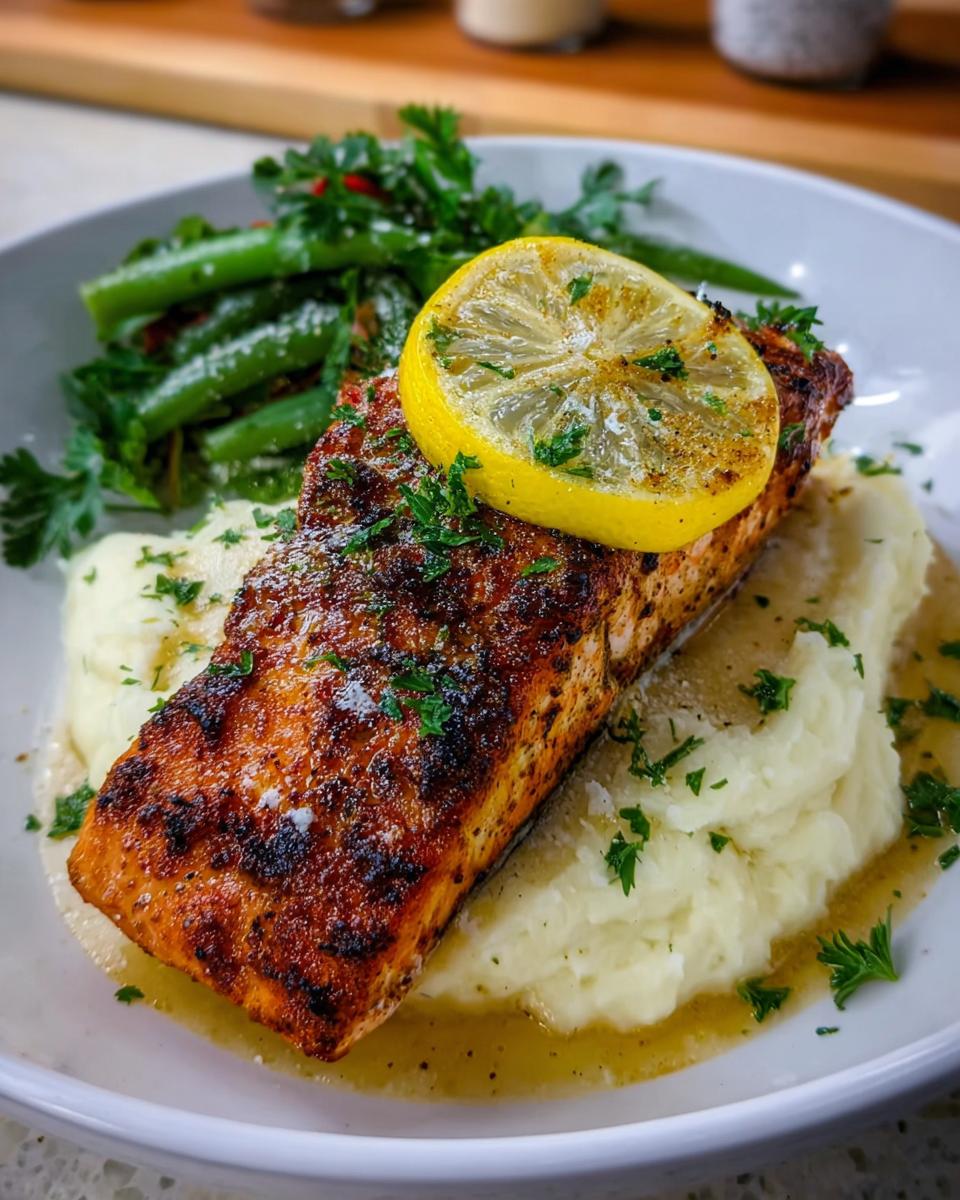 A perfectly cooked fillet of Baked Lemon Garlic Salmon served over mashed potatoes with green beans and a lemon slice.