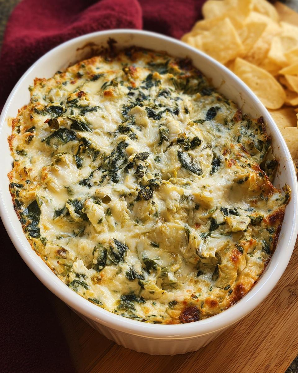 A close-up of hot, bubbly Baked Spinach Artichoke Dip served in a white oval baking dish with tortilla chips nearby.