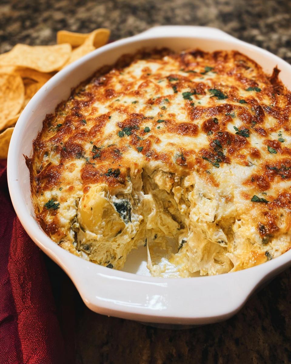 A creamy, hot Baked Spinach Artichoke Dip in a white dish with a scoop removed, showing the cheesy top.