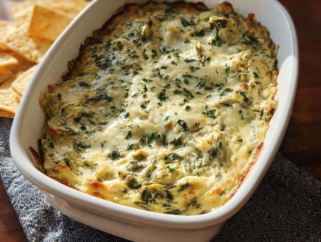 Close-up of hot Baked Spinach Artichoke Dip, creamy and cheesy, topped with parsley in a white oval baking dish.