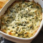 Close-up of hot Baked Spinach Artichoke Dip, creamy and cheesy, topped with parsley in a white oval baking dish.