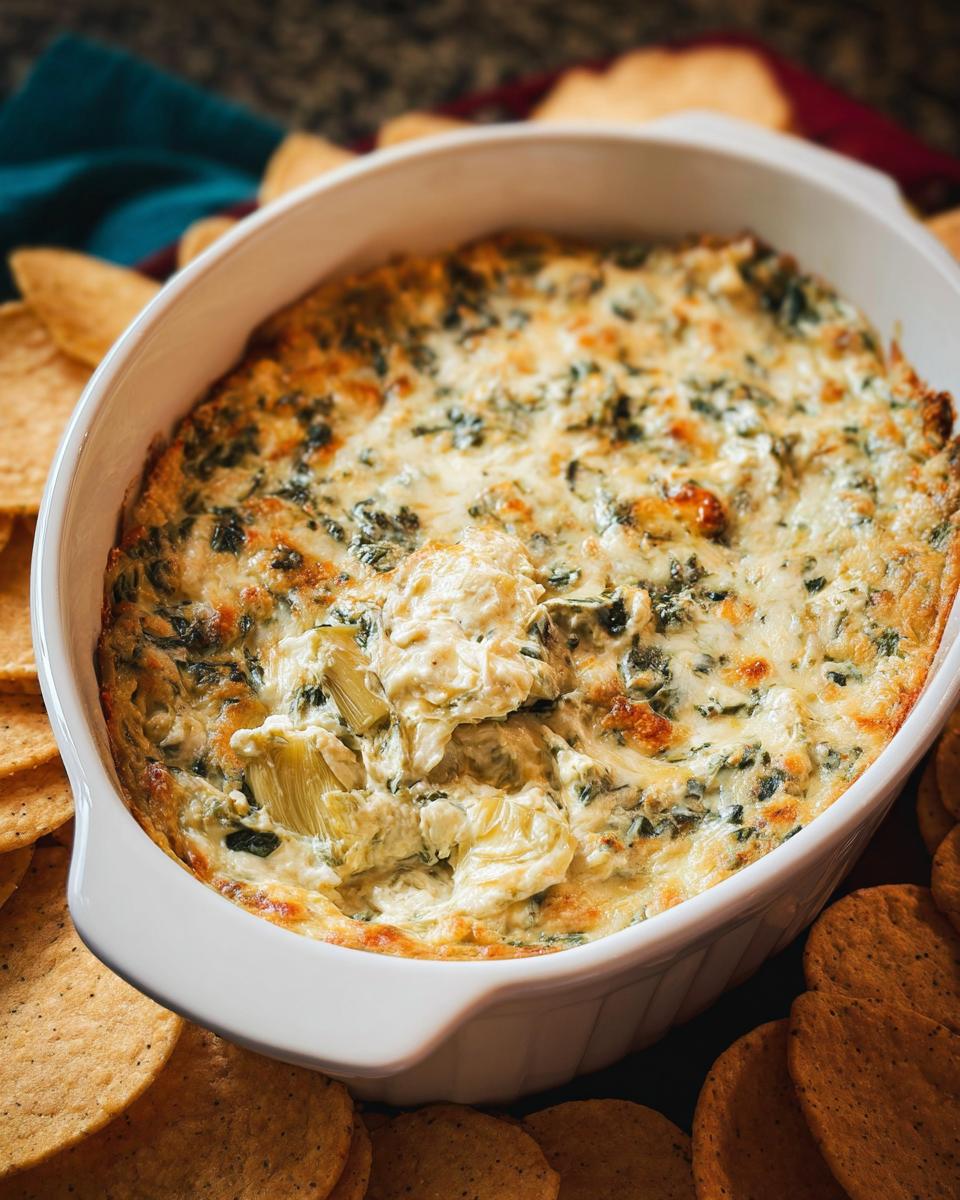 Close-up of hot, cheesy Baked Spinach Artichoke Dip in a white oval dish surrounded by tortilla chips.
