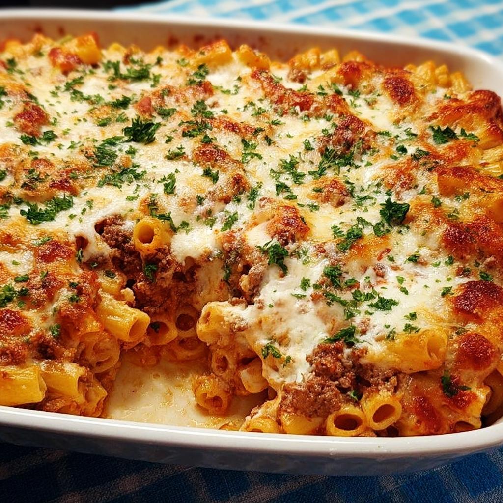 A close-up of bubbling, cheesy Baked Ziti with Ground Beef, topped with melted mozzarella and fresh parsley.
