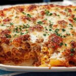 A close-up of a freshly baked Baked Ziti with Ground Beef, showing a bubbly, cheesy top layer garnished with parsley.