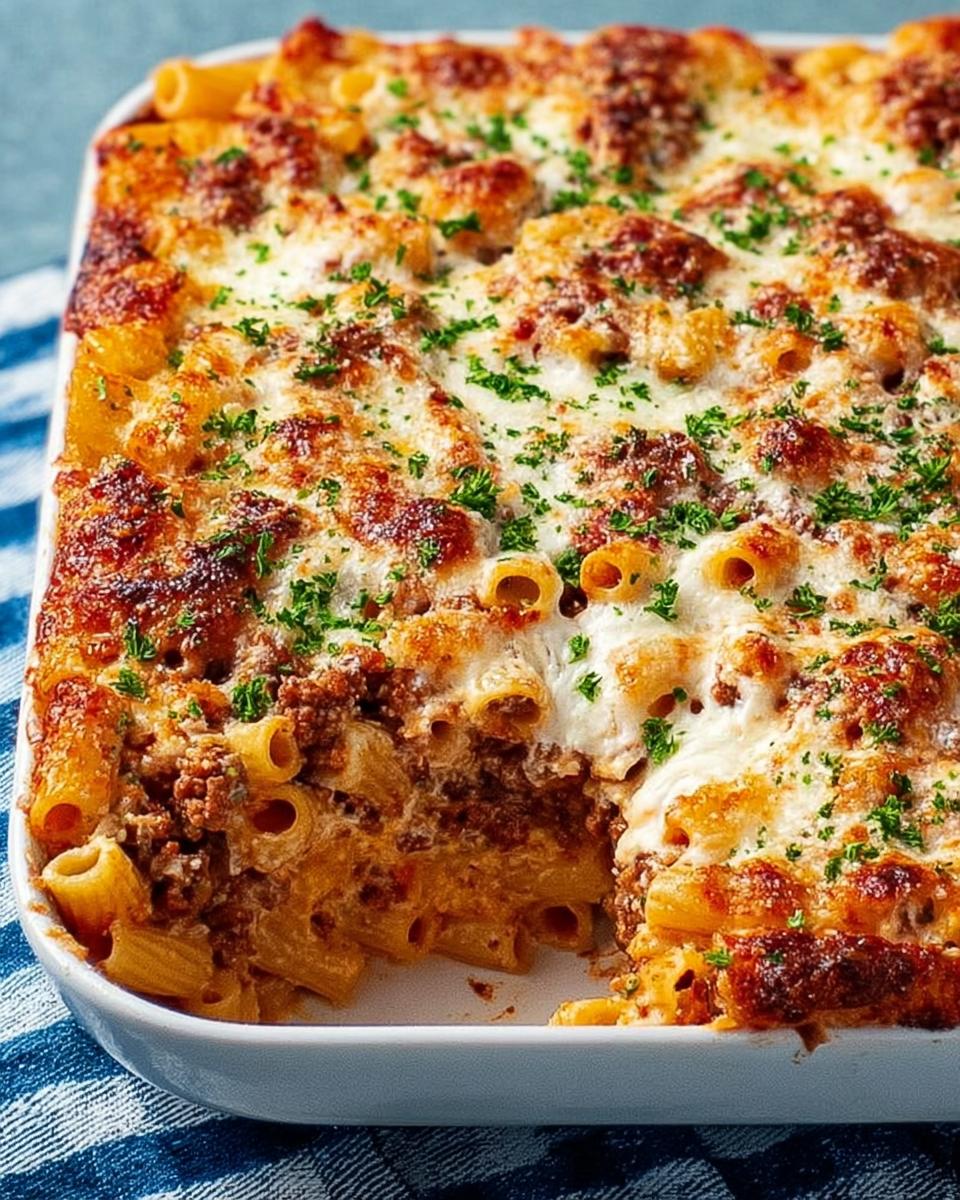 A close-up of a freshly baked Baked Ziti with Ground Beef in a white dish, topped with melted, browned cheese and parsley.