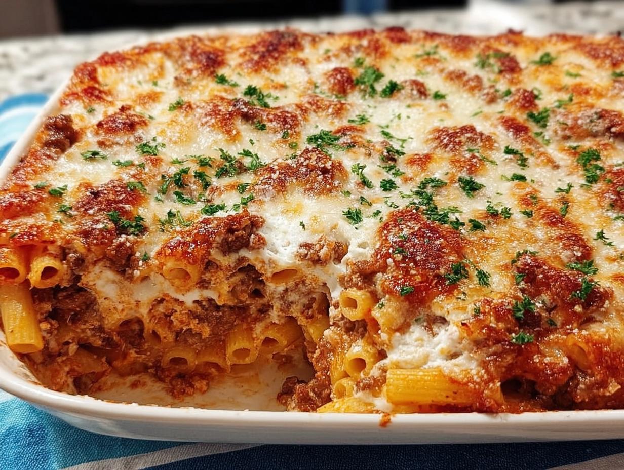 A close-up of a freshly baked Baked Ziti with Ground Beef, showing a bubbly, cheesy top layer garnished with parsley.