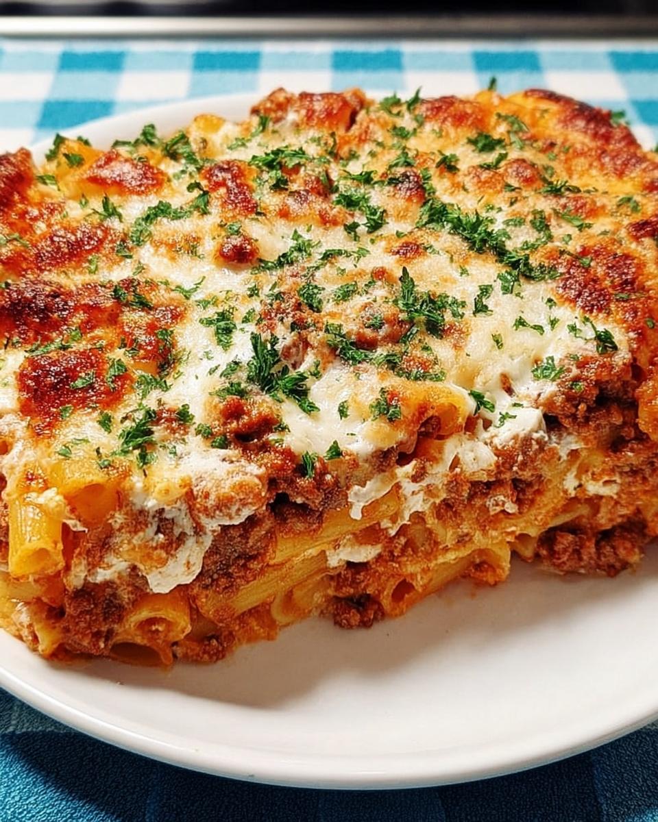A thick, cheesy slice of Baked Ziti with Ground Beef, topped with melted mozzarella and fresh parsley.
