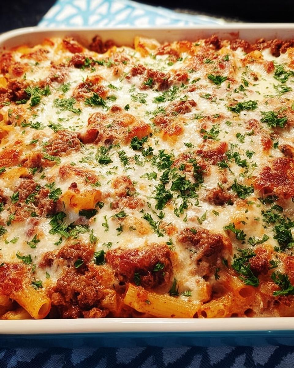 Close-up of a freshly baked ziti with ground beef, covered in melted, bubbly mozzarella cheese and sprinkled with fresh parsley.