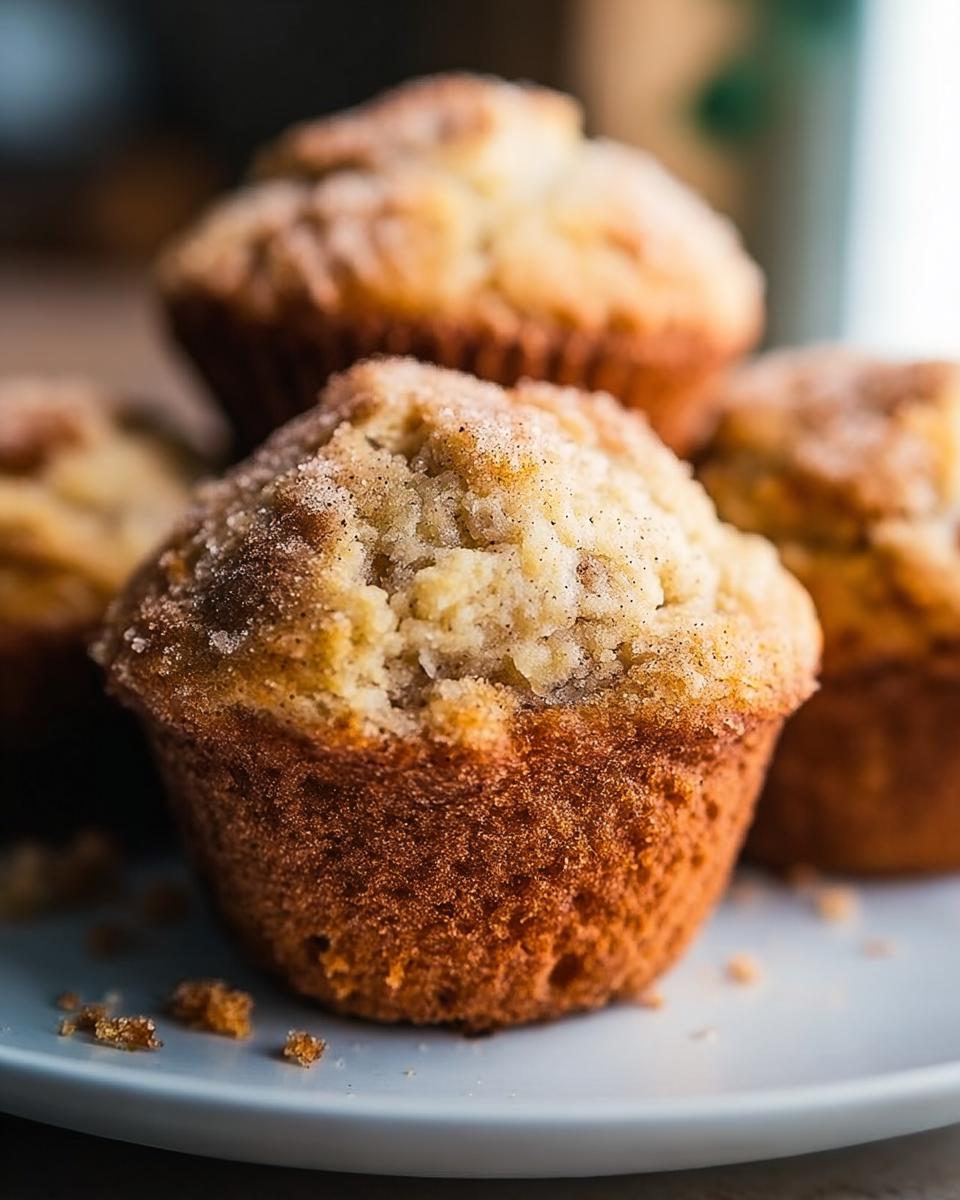 Close-up of a perfectly domed Bakery Style Banana Muffins topped with cinnamon sugar.