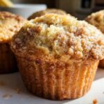 Close-up of a golden brown bakery style Banana Muffins featuring a sugary, crumbly top.
