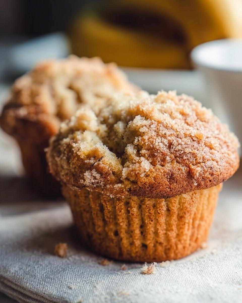 Close-up of a bakery style Banana Muffins with a thick, sugary crumb topping.