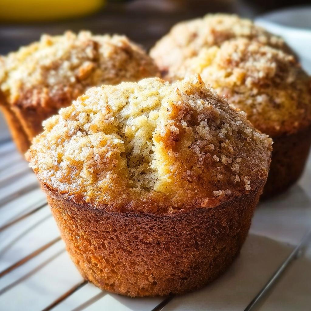Close-up of a moist Bakery Style Banana Muffins with a golden crumb topping cooling on a wire rack.