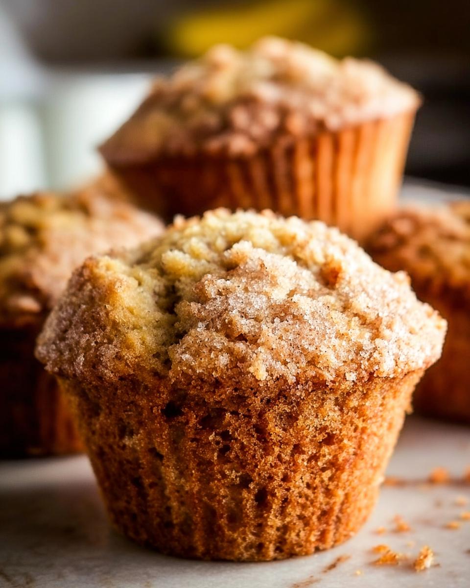 Close-up of a perfectly baked Bakery Style Banana Muffins with a sugary, crumbly streusel top.