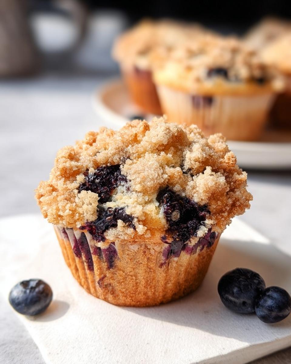 Close-up of a perfect Blueberry Muffin Like a Bakery (Comfort) topped with golden streusel crumbs and fresh blueberries.