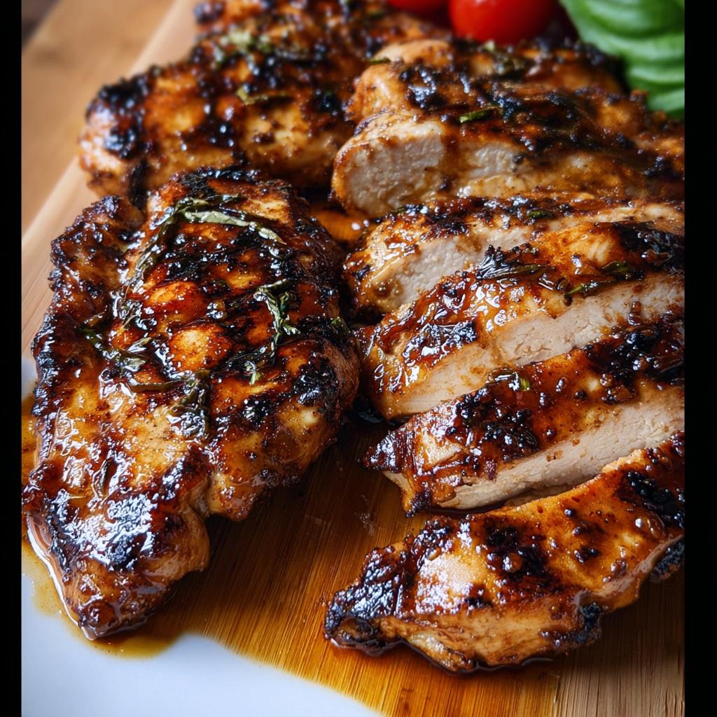 Close-up of juicy balsamic glazed chicken breasts, some whole and some sliced, on a wooden board.