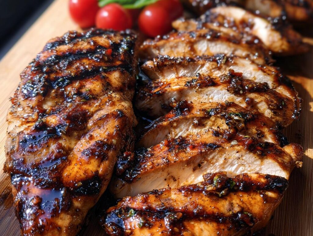 Close-up of perfectly grilled Balsamic Glazed Chicken breasts, sliced and glistening on a wooden board with cherry tomatoes.