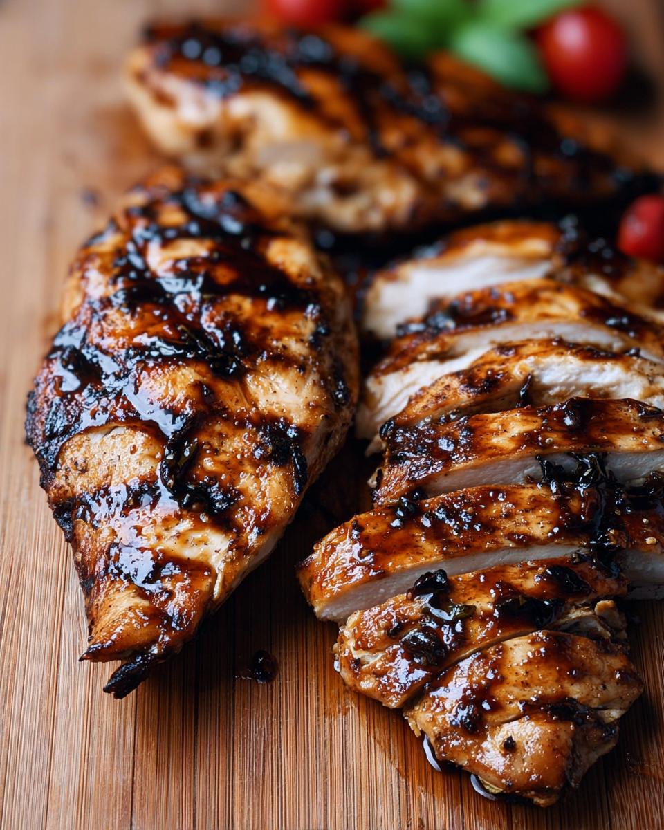 Close-up of perfectly grilled Balsamic Glazed Chicken breasts, one whole and one sliced, glistening with sauce.