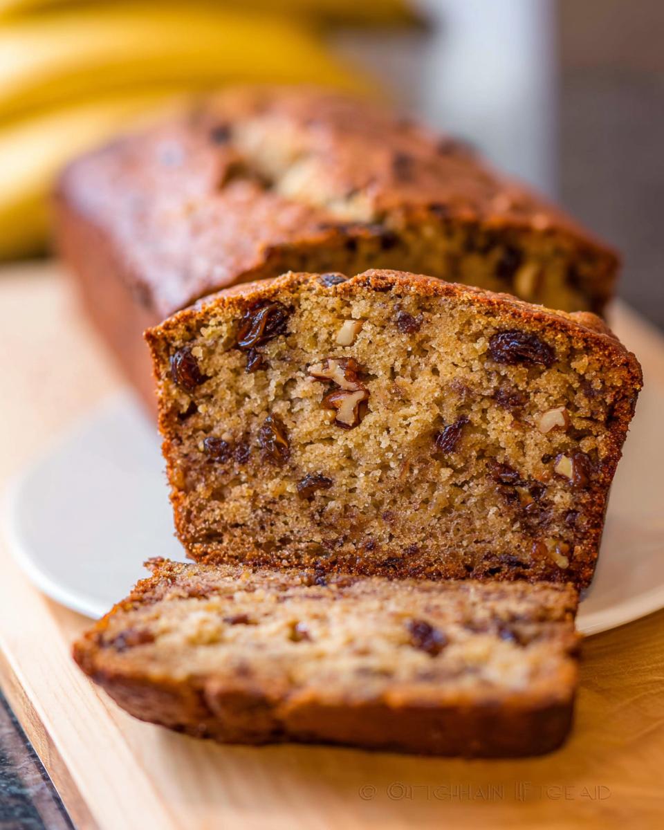 A close-up of a sliced Banana Bread with Nuts, showing moist texture, raisins, and walnuts.