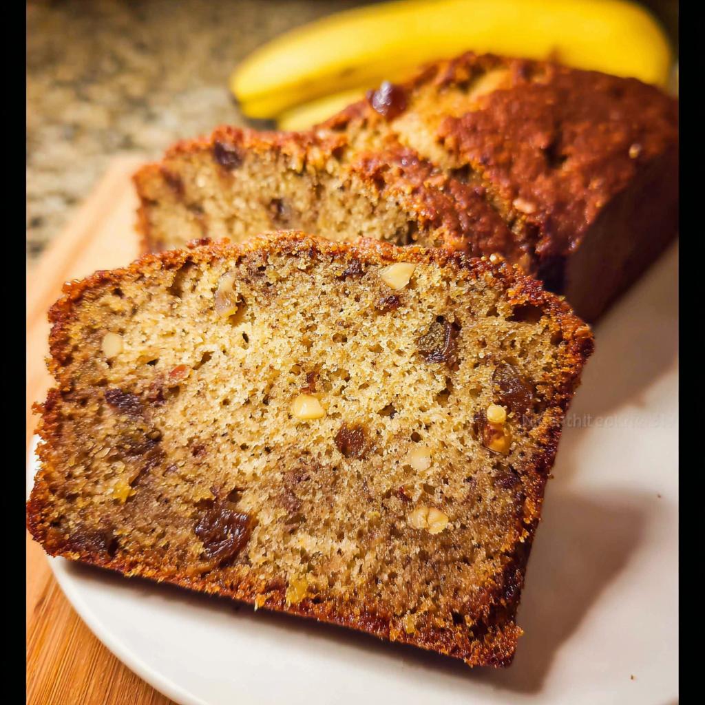 Close-up of a slice of moist Banana Bread with Nuts, showing visible nuts and raisins.