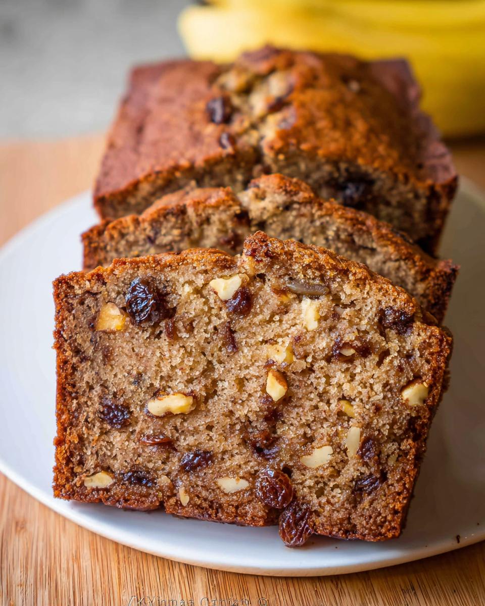 Close-up of moist Banana Bread with Nuts, showing visible chunks of walnuts and raisins in a golden-brown loaf.