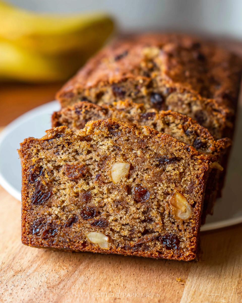 Close-up of sliced Banana Bread with Nuts, showing raisins and chopped nuts within the moist crumb.